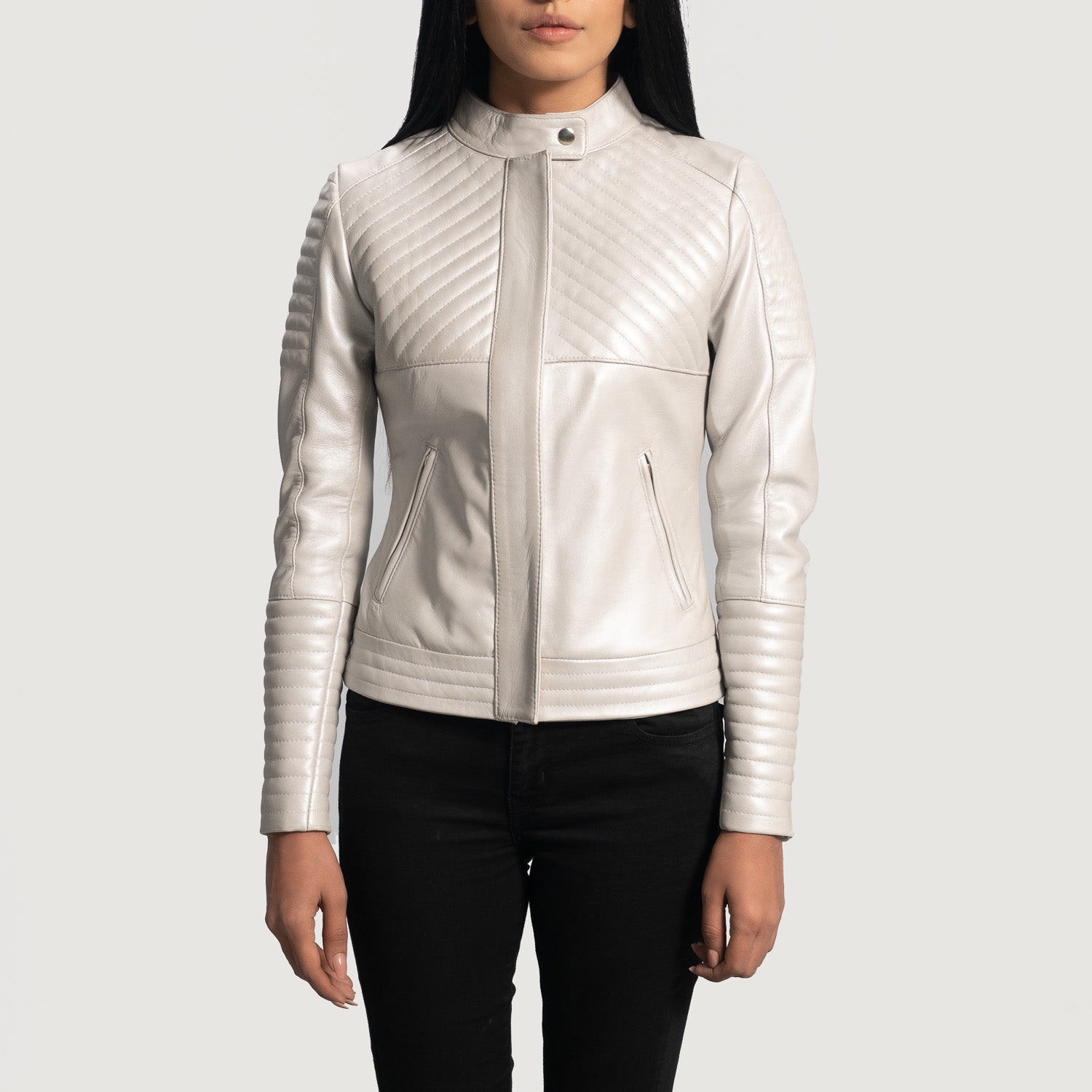 Shield Quilted Silver Leather Biker Jacket