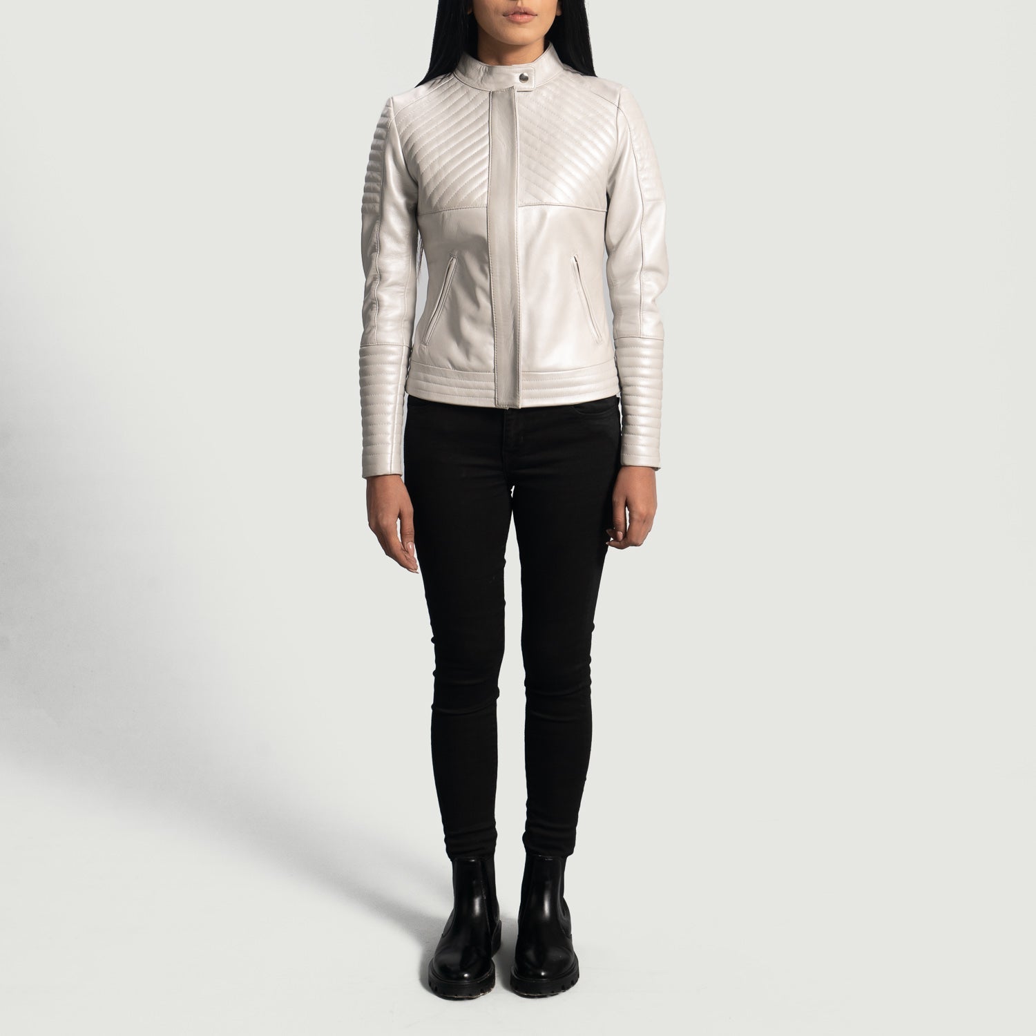 Shield Quilted Silver Leather Biker Jacket