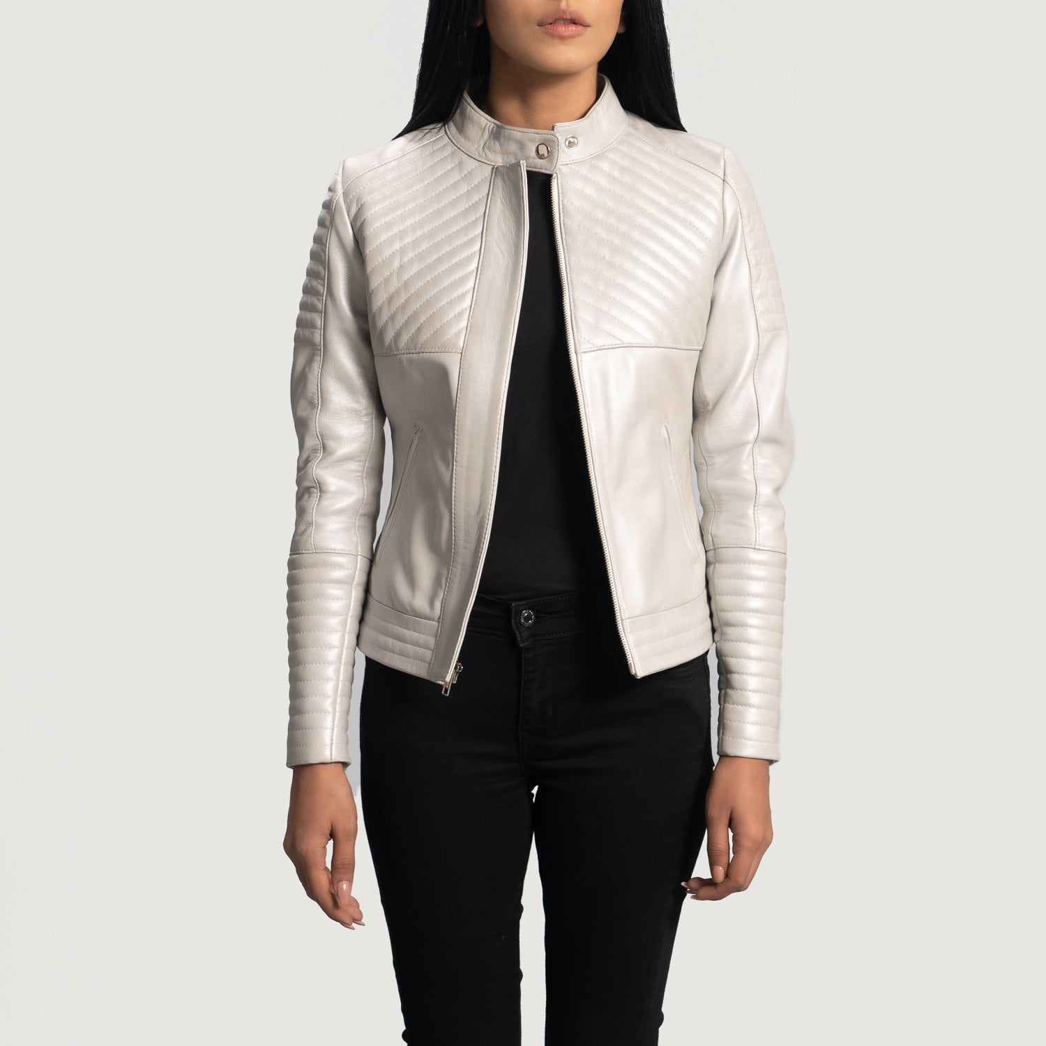 Shield Quilted Silver Leather Biker Jacket
