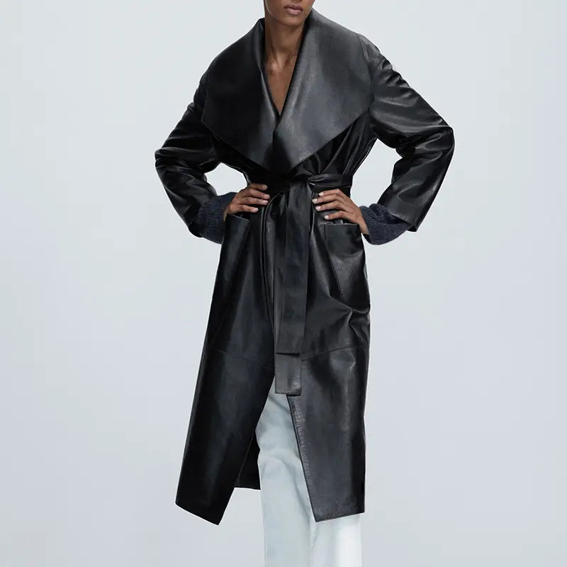 Turn Down Black Leather Trench  Coat