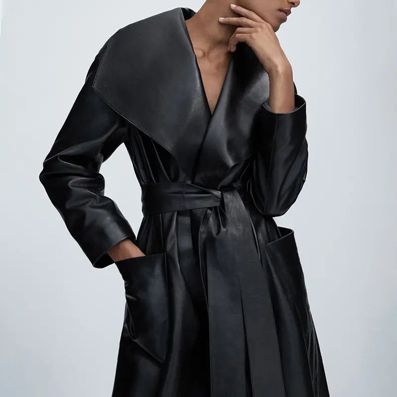 Turn Down Black Leather Trench  Coat
