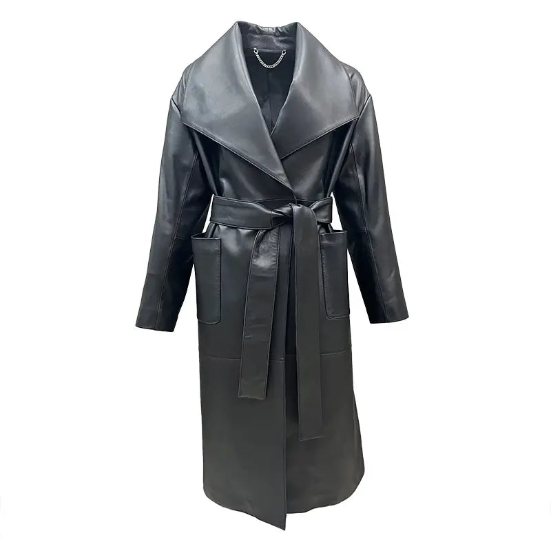 Turn Down Black Leather Trench  Coat