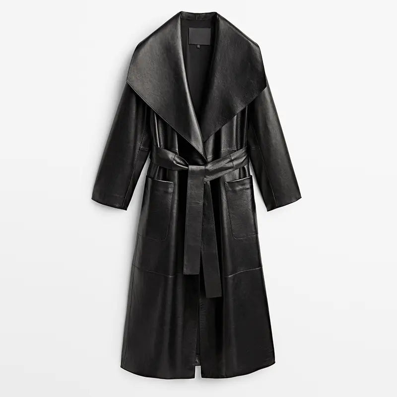 Turn Down Black Leather Trench  Coat