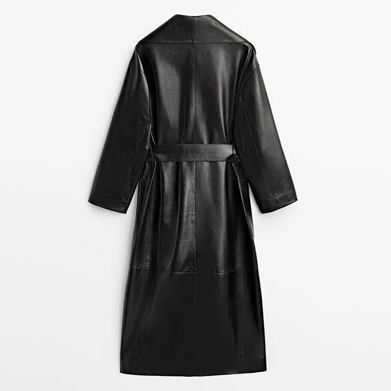 Turn Down Black Leather Trench  Coat