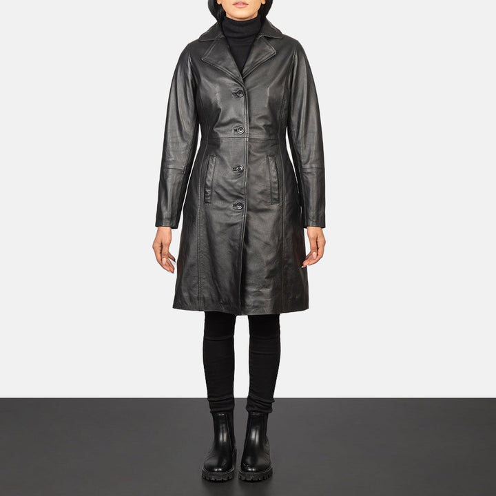 Alexis Black Single Breasted Leather Coat for Women