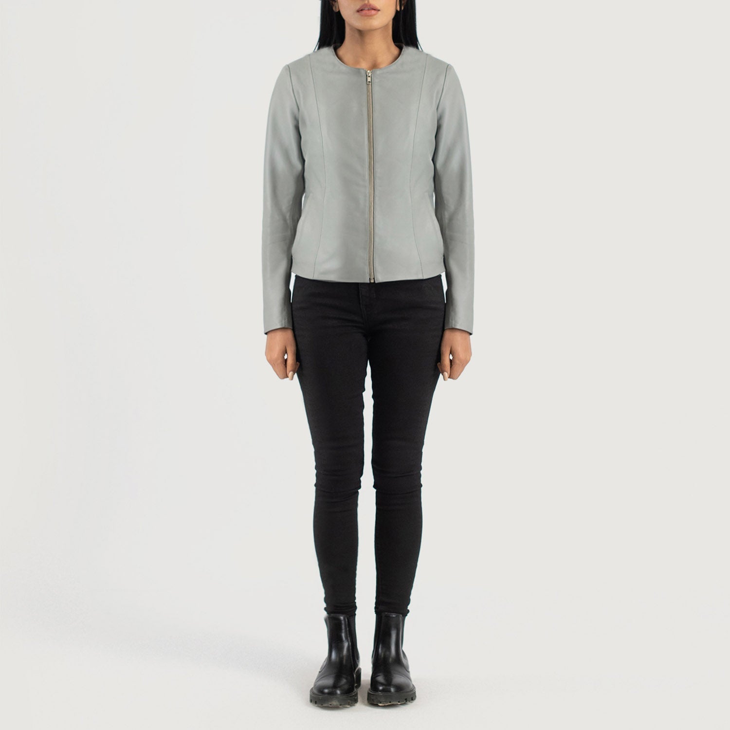 Elixir Grey Collarless Leather Jacket