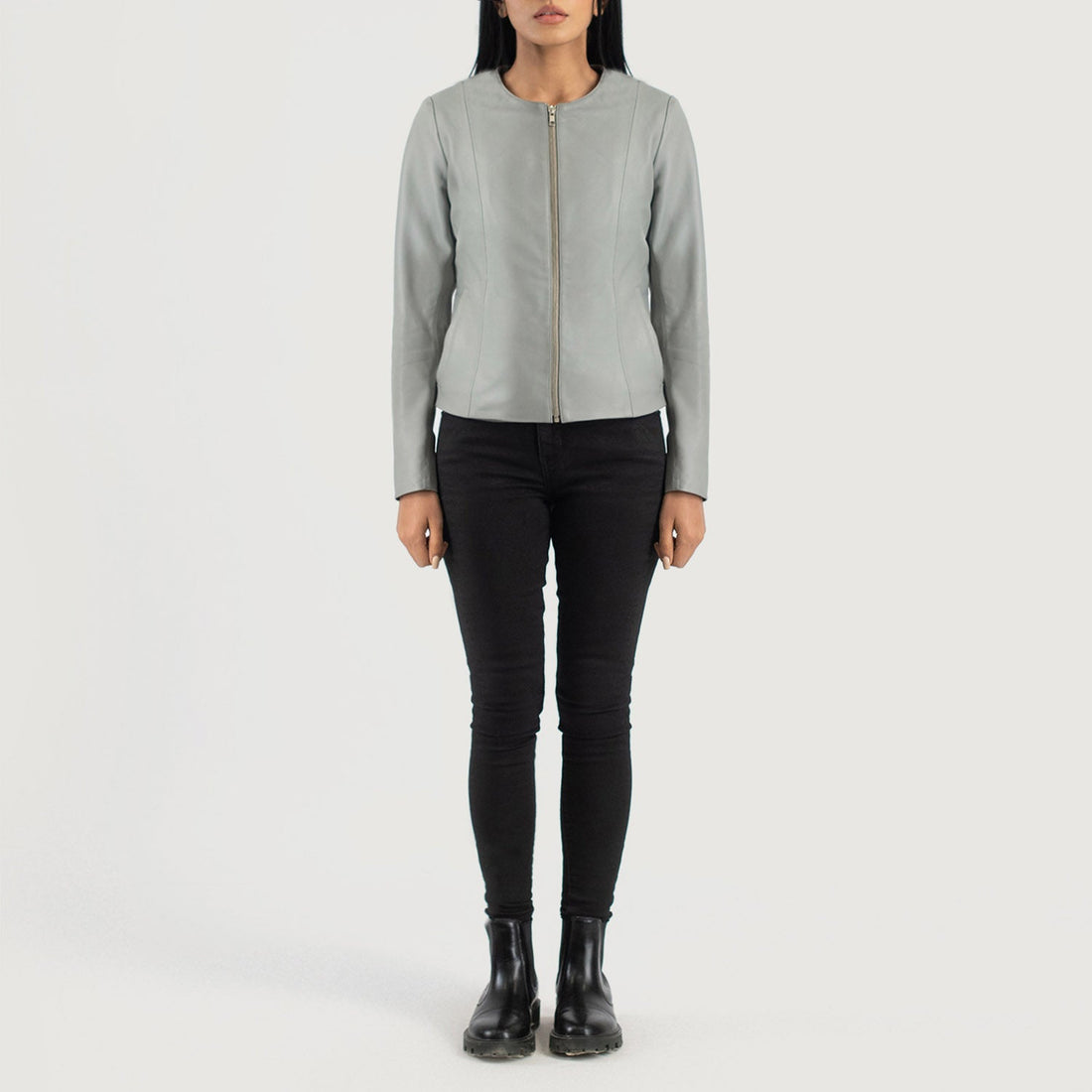 Elixir Grey Collarless Leather Jacket