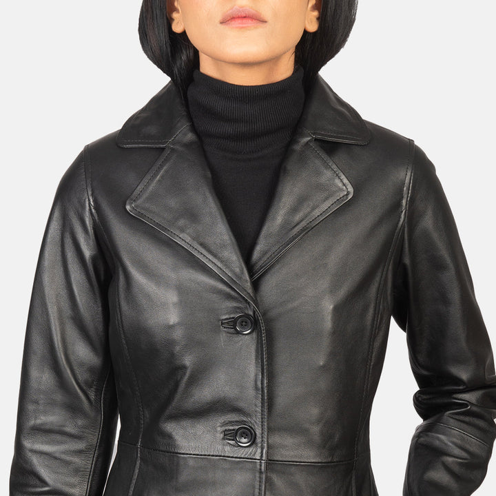 Alexis Black Single Breasted Leather Coat for Women