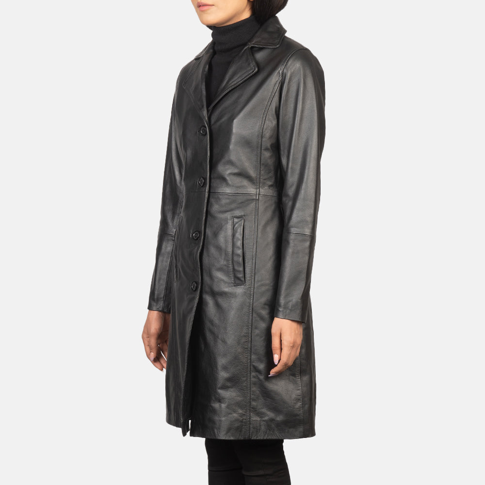 Alexis Black Single Breasted Leather Coat for Women