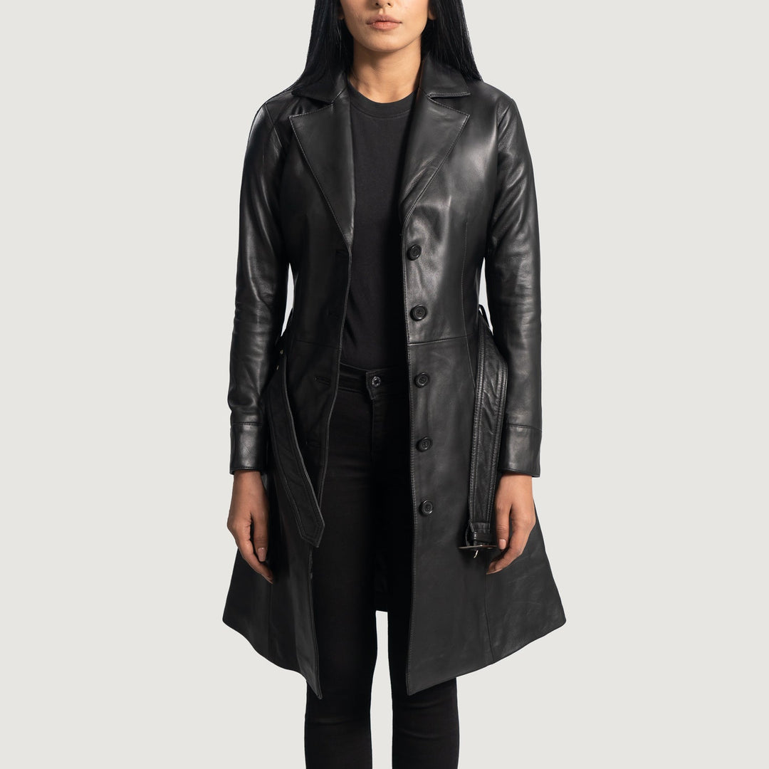 Moonlight Black Leather Trench Coat for Women