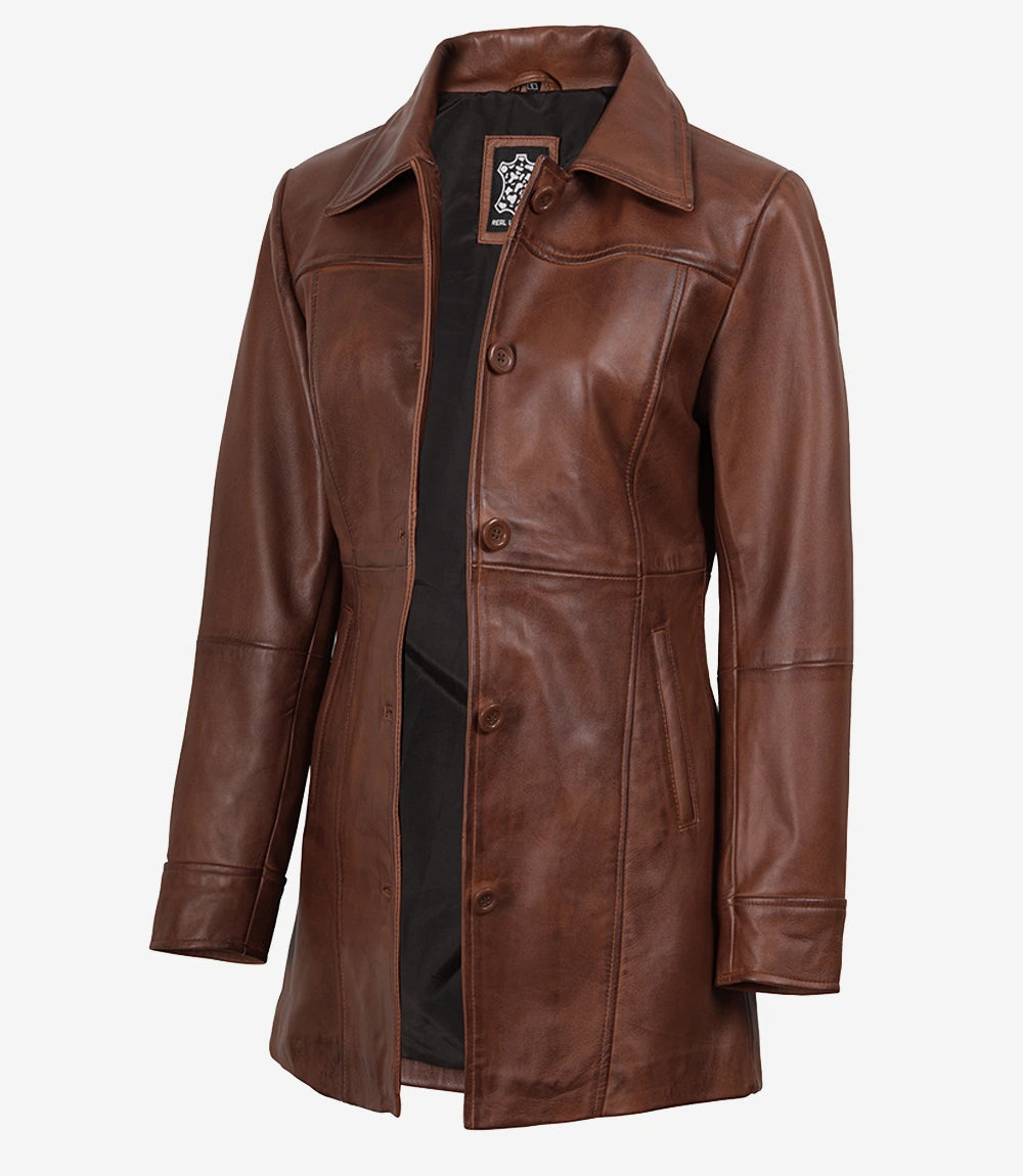 Kandis Women's Cognac Brown Leather Car Coat