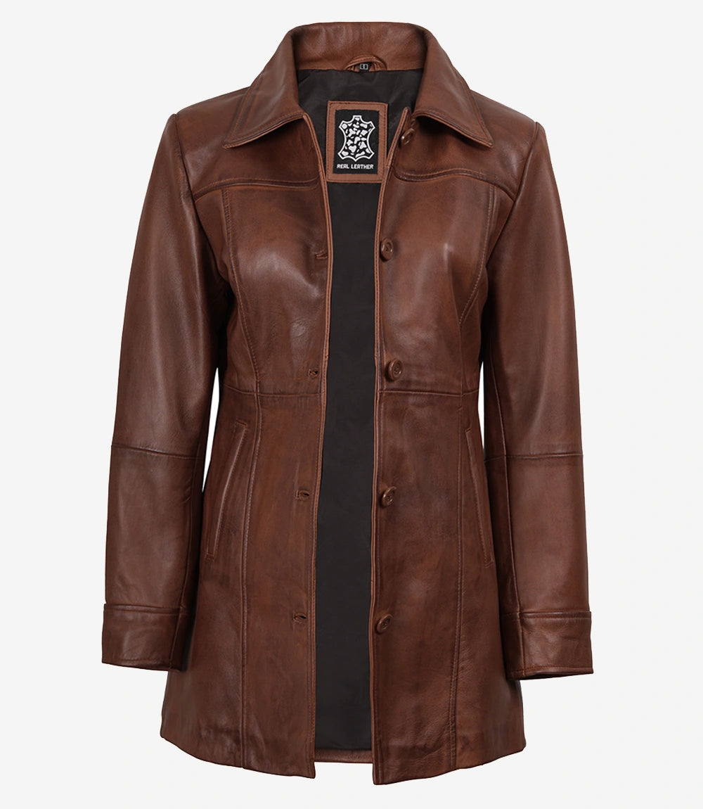 Kandis Women's Cognac Brown Leather Car Coat