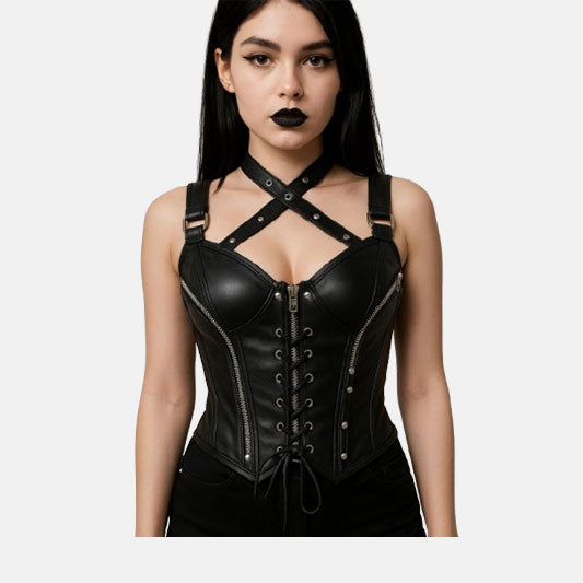 Real Leather Gothic Corset Top with Back Lacing