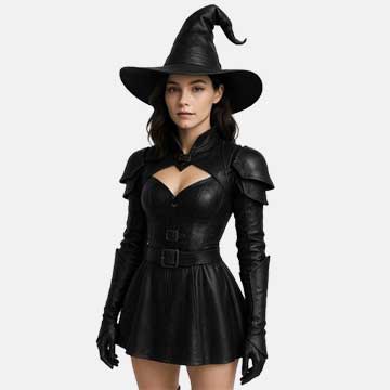 Black Leather Witch Costume Dress with Hat