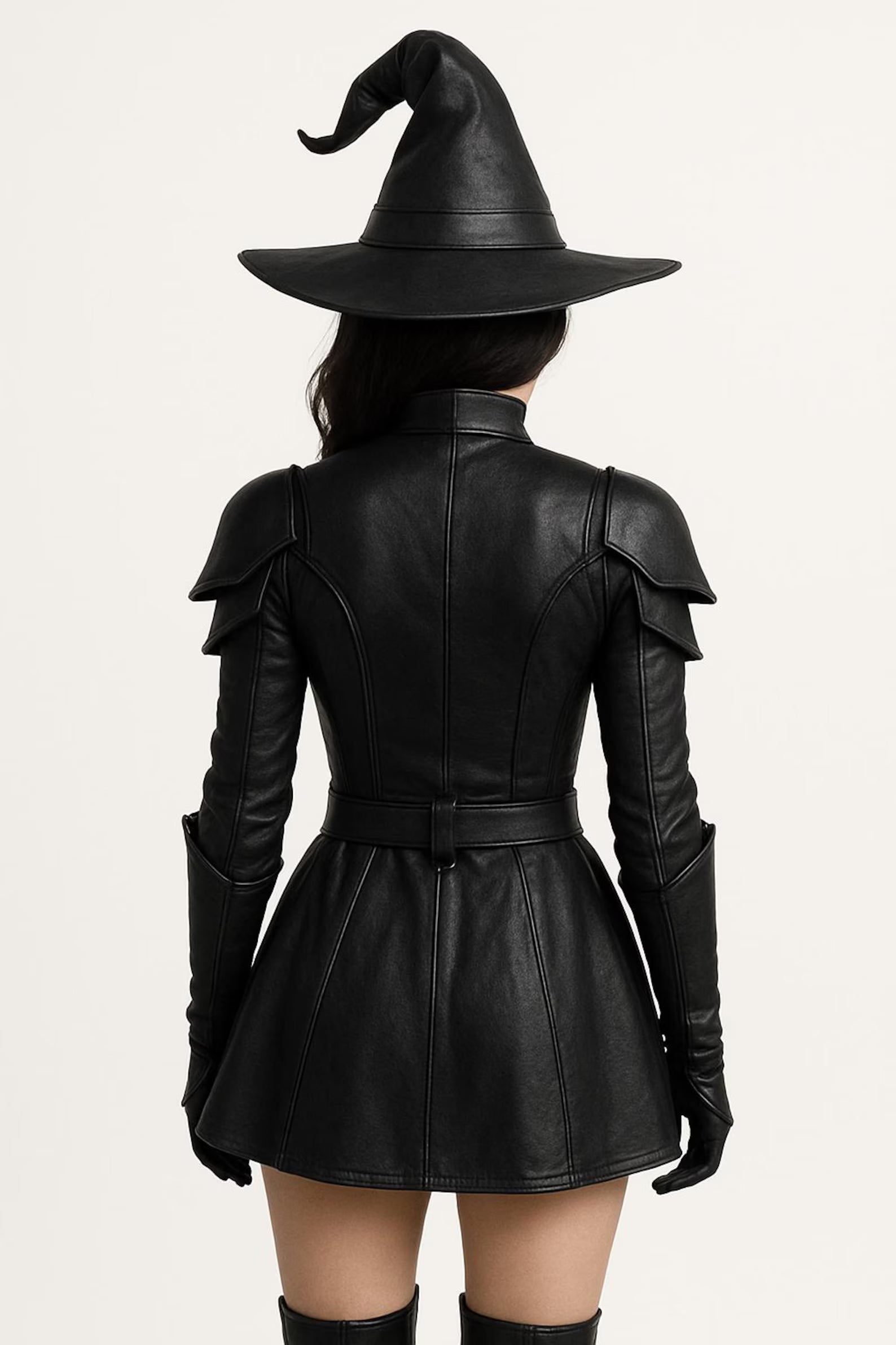 Black Leather Witch Costume Dress with Hat