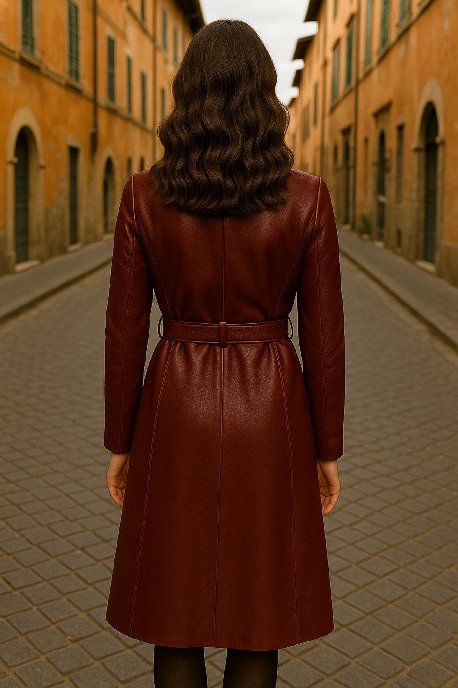 Maroon Leather Trench Coat: Women's Elegant Belted