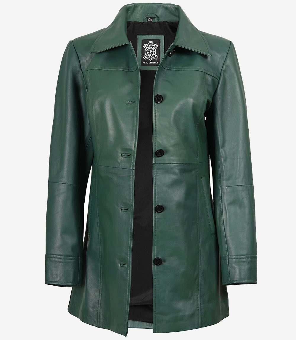 Kandis Women's Green Real Leather Car Coat
