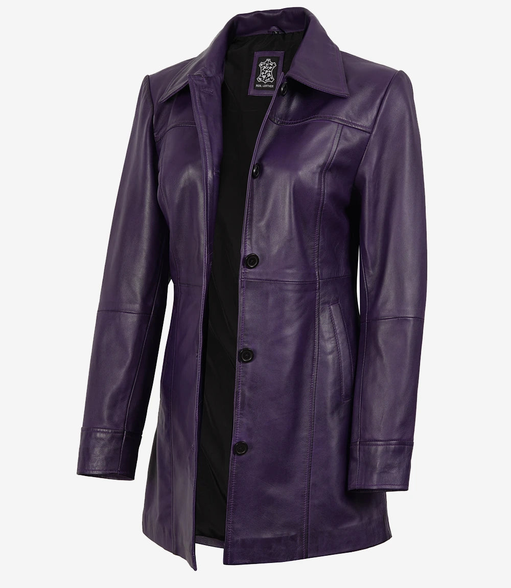 Women Leather Purple 3/4 Length Car Coat