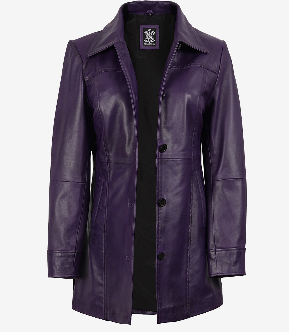 Women Leather Purple 3/4 Length Car Coat