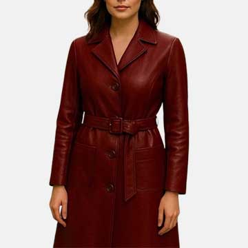 Maroon Leather Trench Coat: Women's Elegant Belted