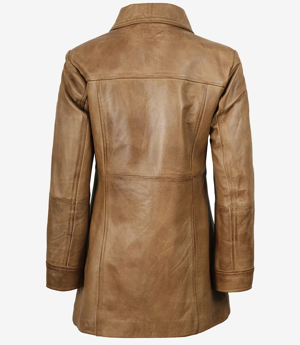 Kandis Women's Camel Brown Real Leather Car Coat