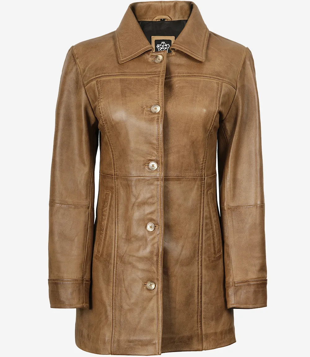 Kandis Women's Camel Brown Real Leather Car Coat