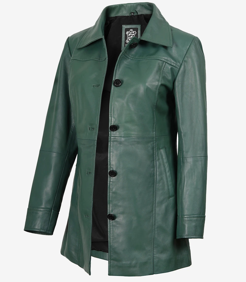 Kandis Women's Green Real Leather Car Coat