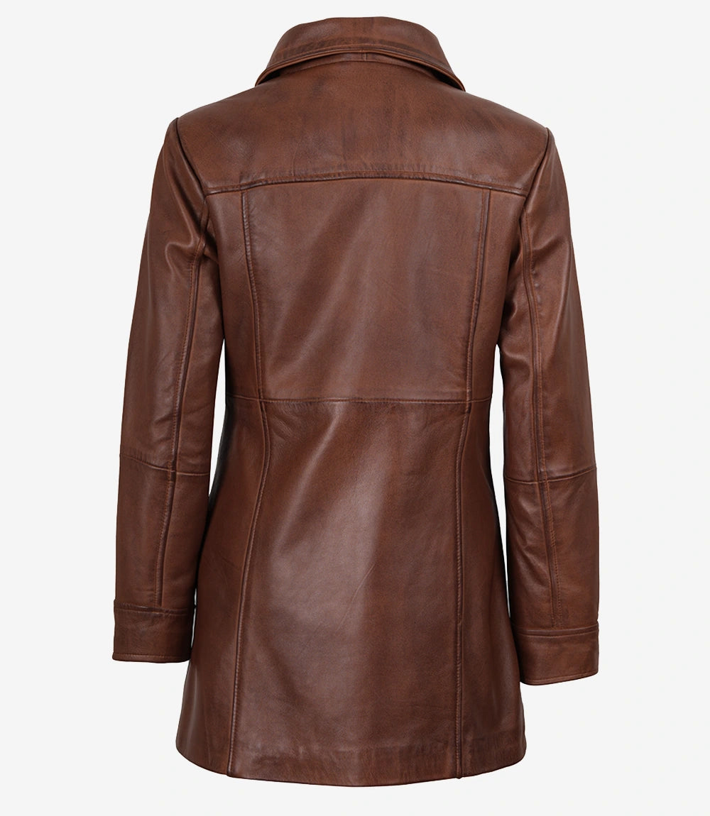 Kandis Women's Cognac Brown Leather Car Coat