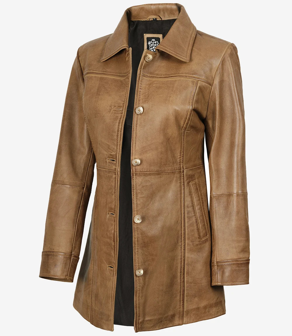 Kandis Women's Camel Brown Real Leather Car Coat