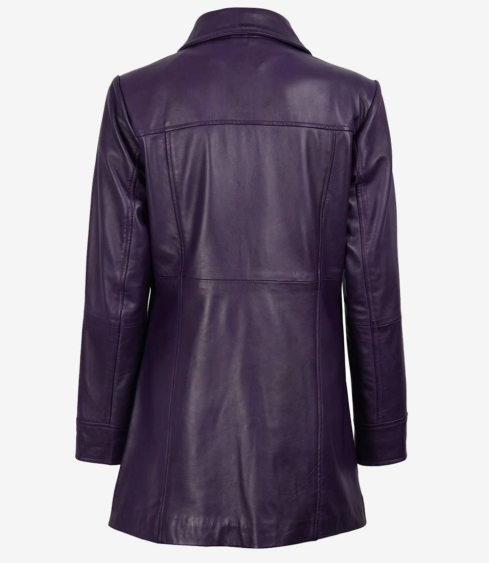 Women Leather Purple 3/4 Length Car Coat